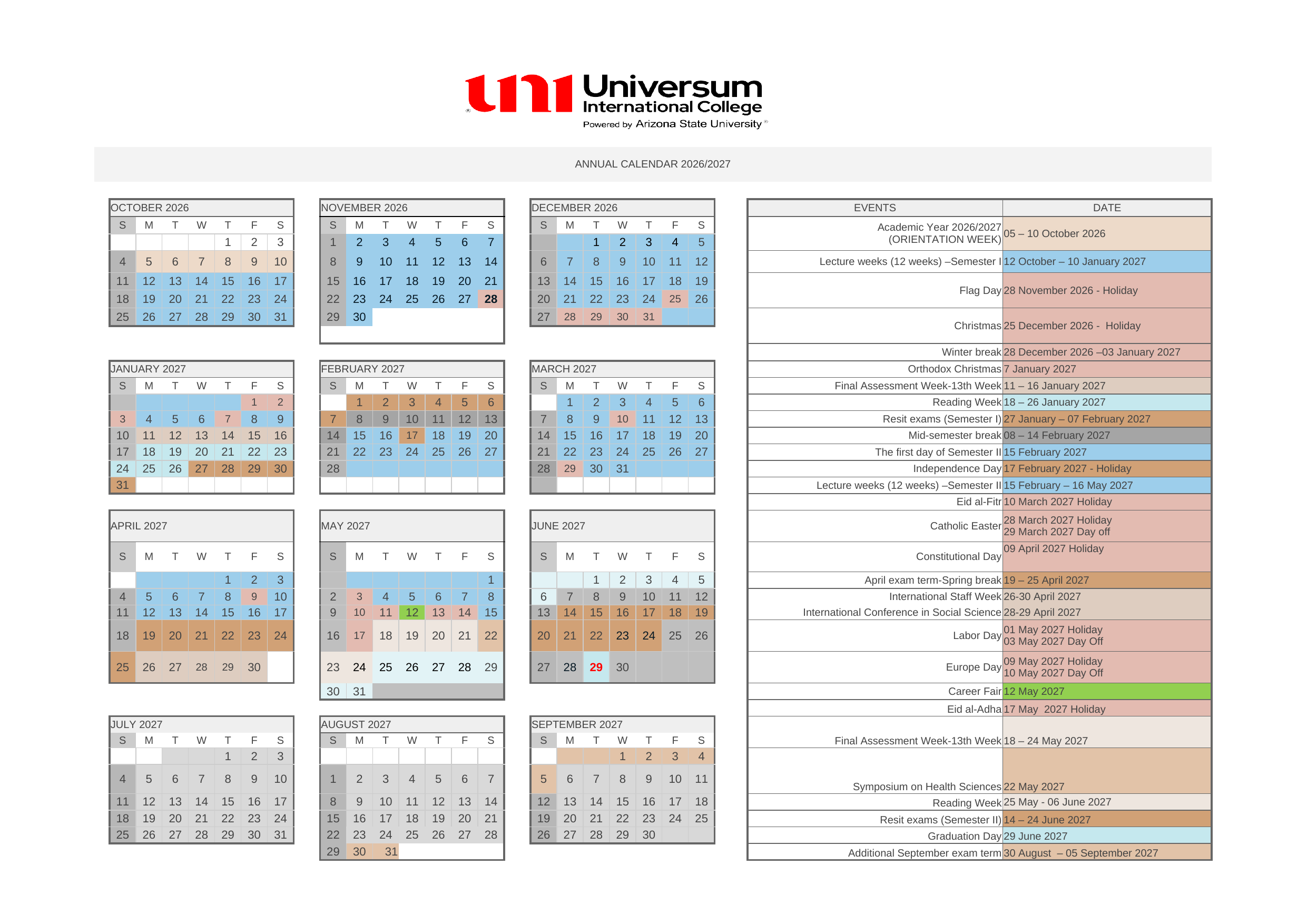Academic calendar 2026/2027