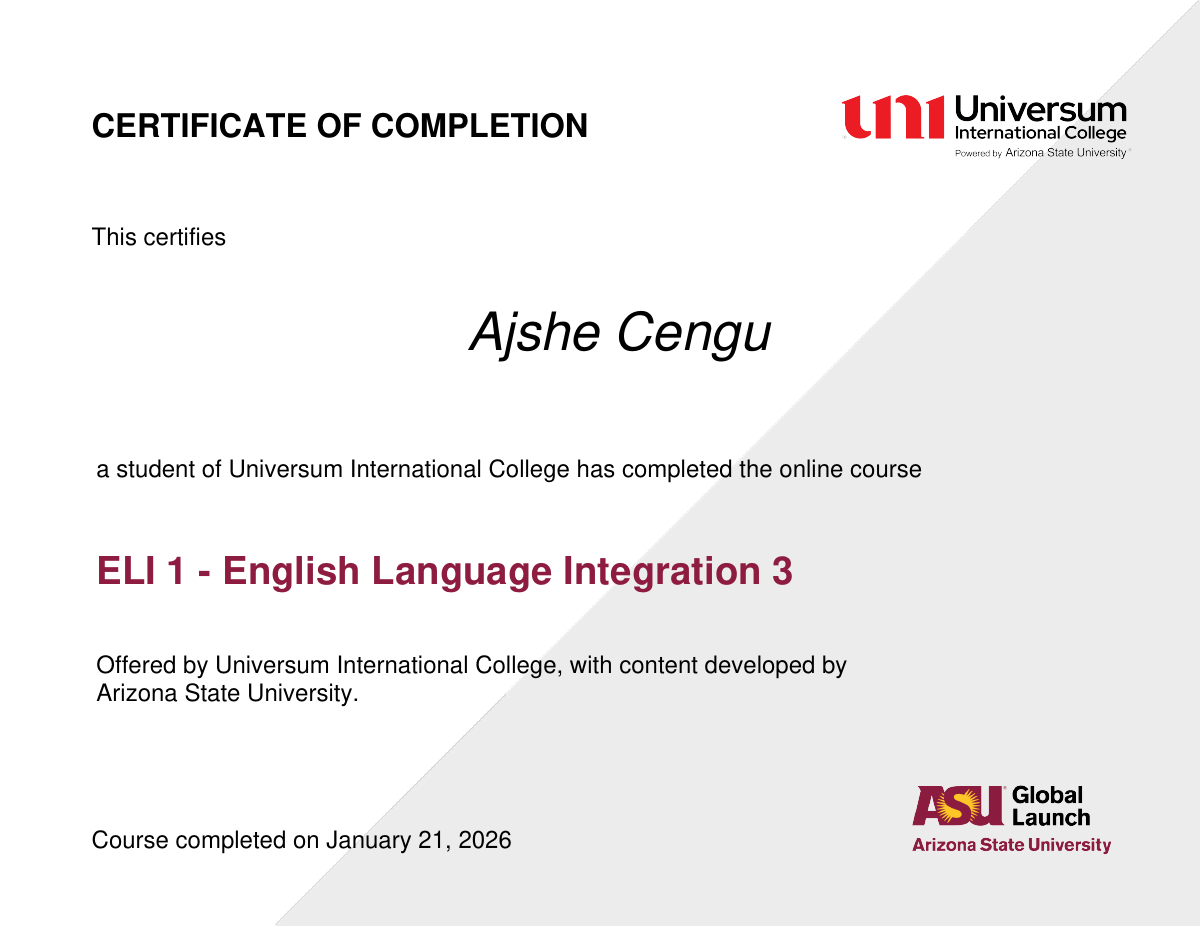 Certifikata ASU English Courses e fituar nga Ajshe Cengu