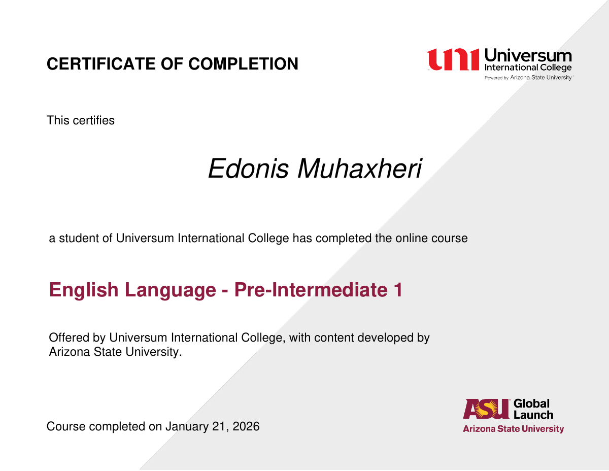Certifikata ASU English Courses e fituar nga Edonis Muhaxheri