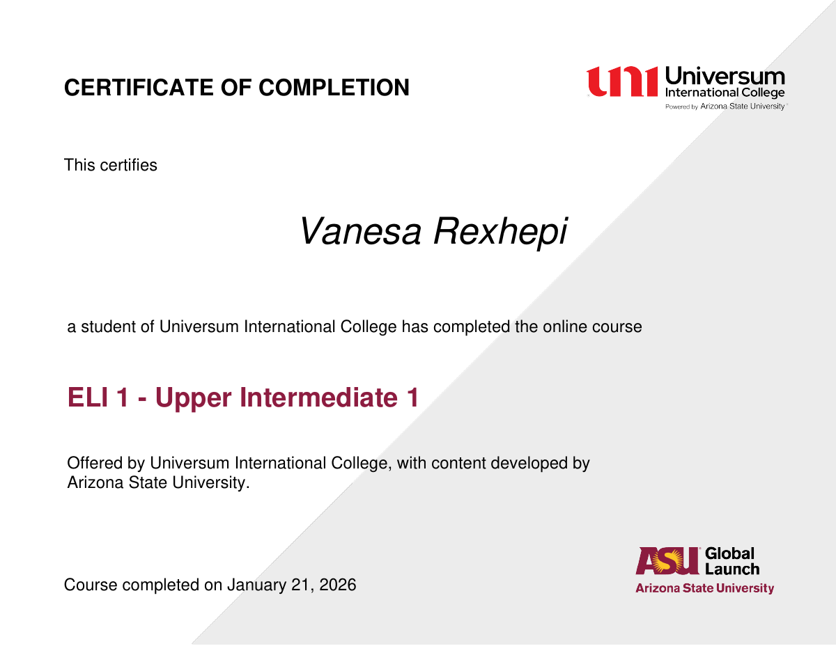 Certifikata ASU English Courses e fituar nga Vanesa Rexhepi
