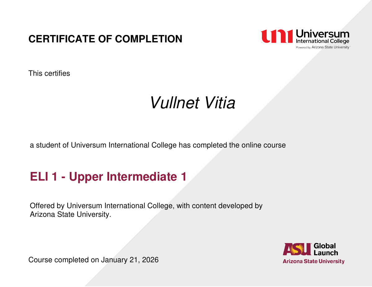 Certifikata ASU English Courses e fituar nga Vullnet Vitia