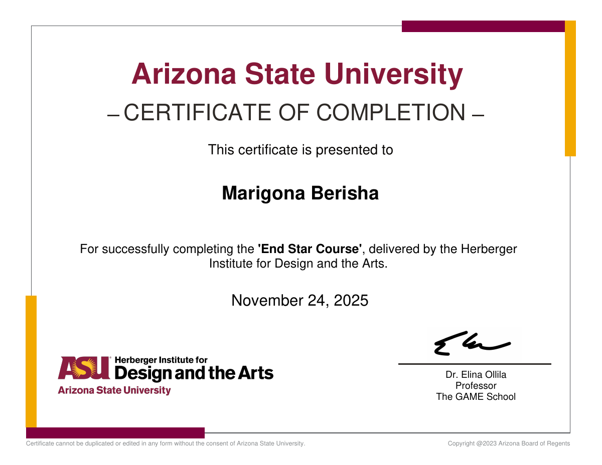 ASU Endstar Game certificate earned by Marigona Berisha