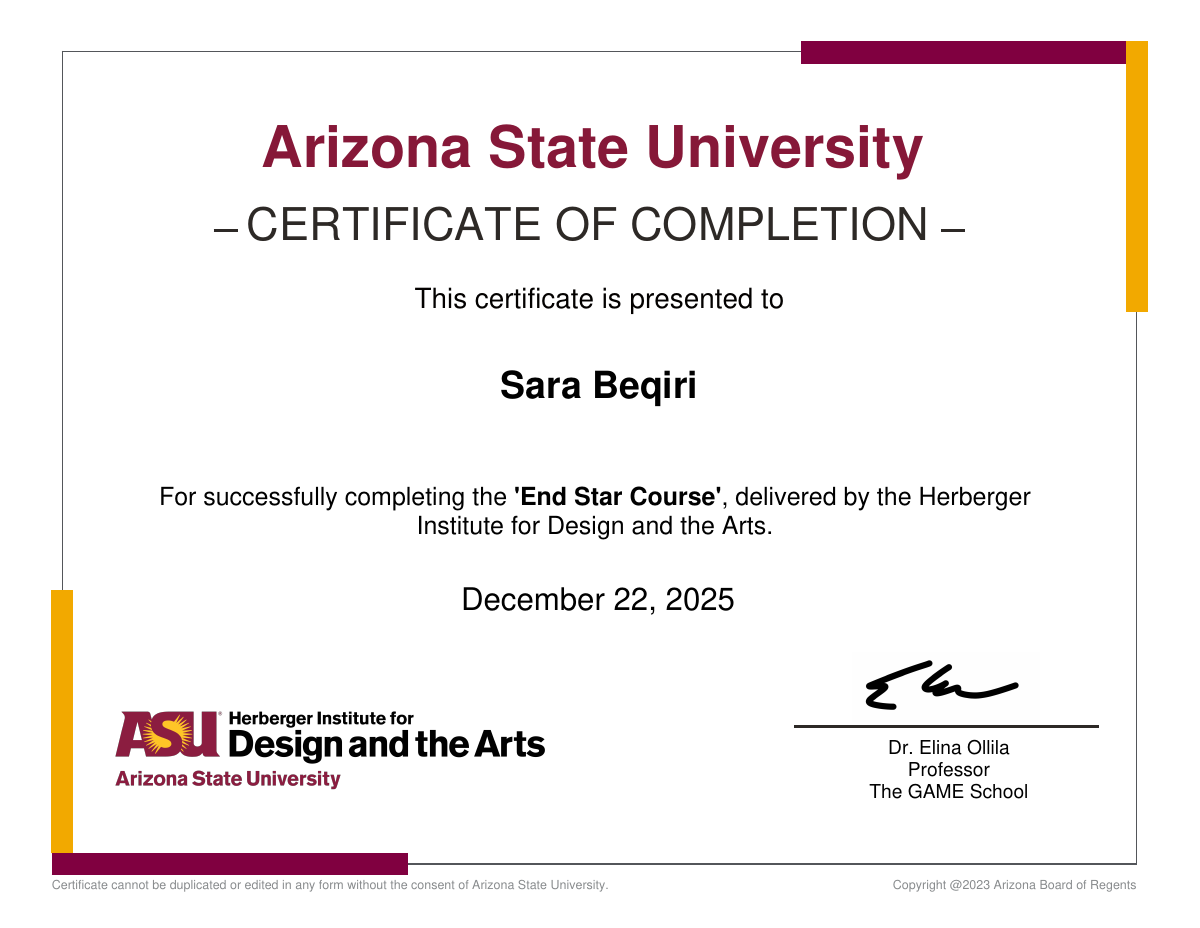 ASU Endstar Game certificate earned by Sara Beqiri