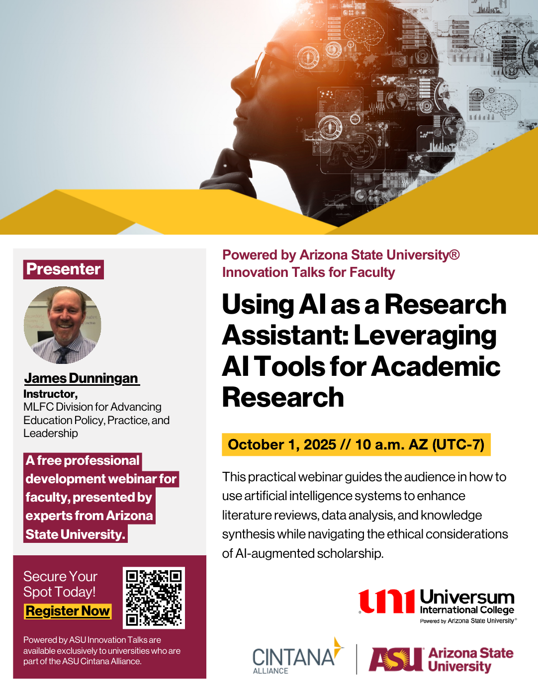 Innovation Talks poster for Using AI as a Research Assistant on October 1, 2025