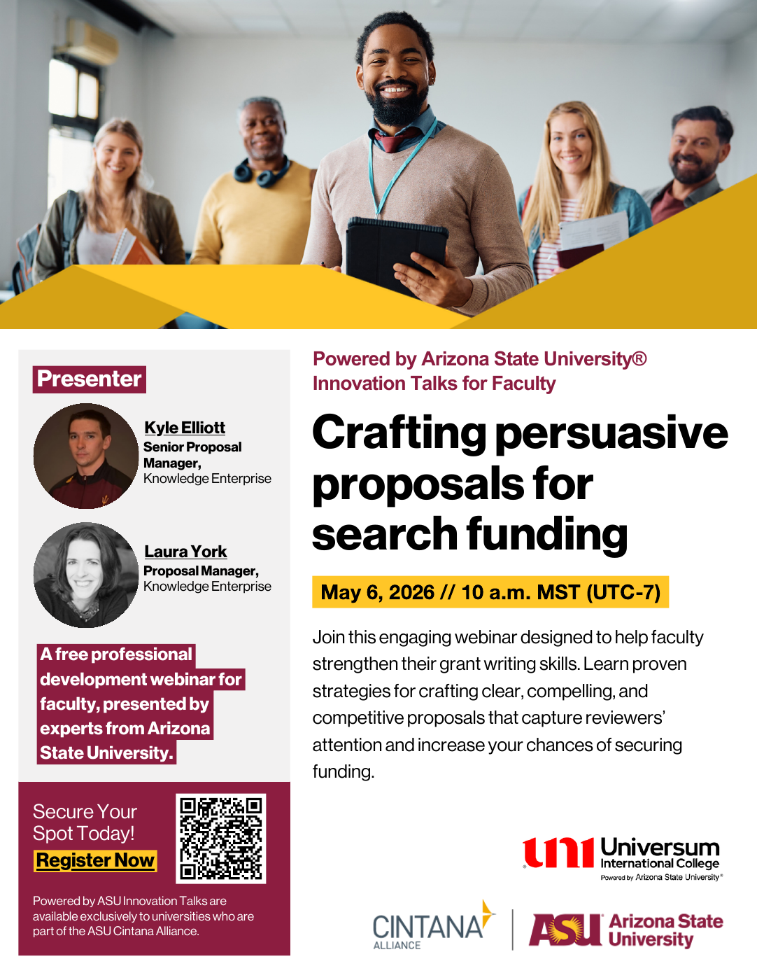 Innovation Talks poster for Crafting persuasive proposals for search funding on May 6, 2026