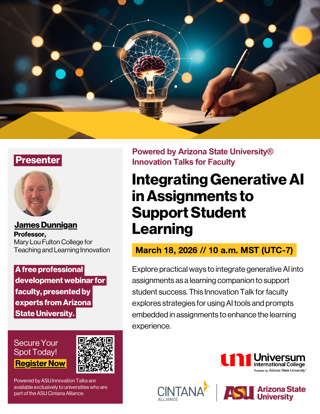 Innovation Talks poster for Integrating Generative AI in Assignments on March 18, 2026