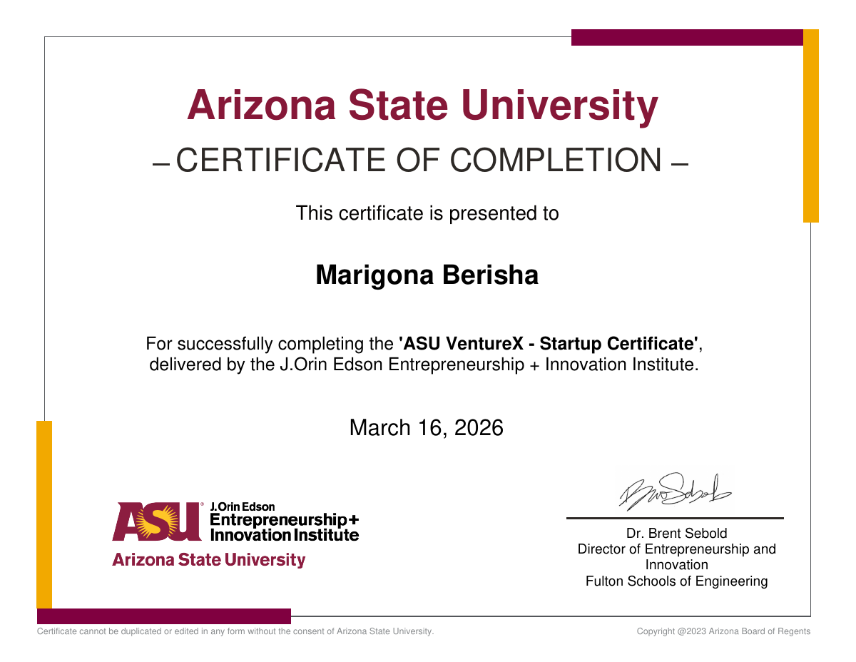 ASU Venture X certificate earned by Marigona Berisha