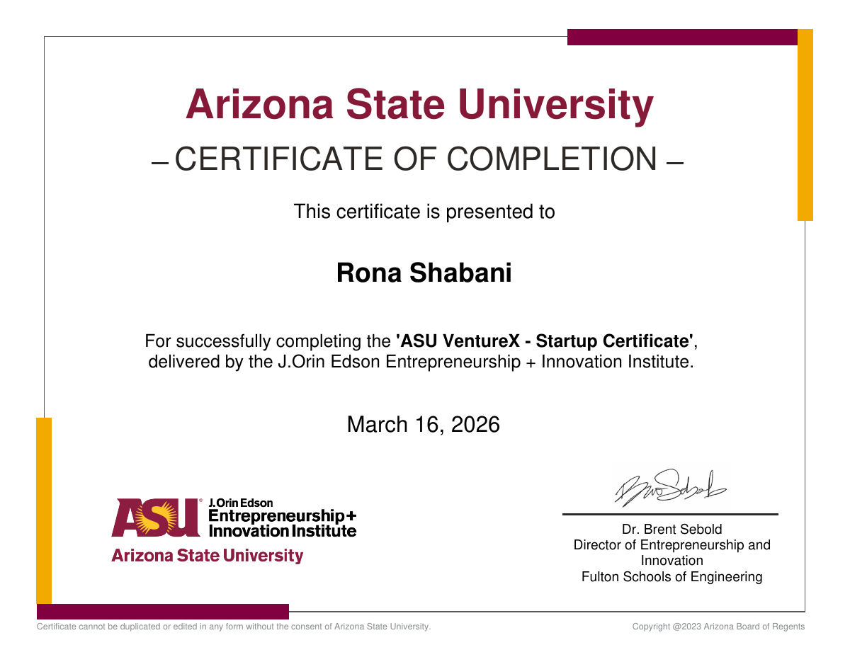 ASU Venture X certificate earned by Rona Shabani