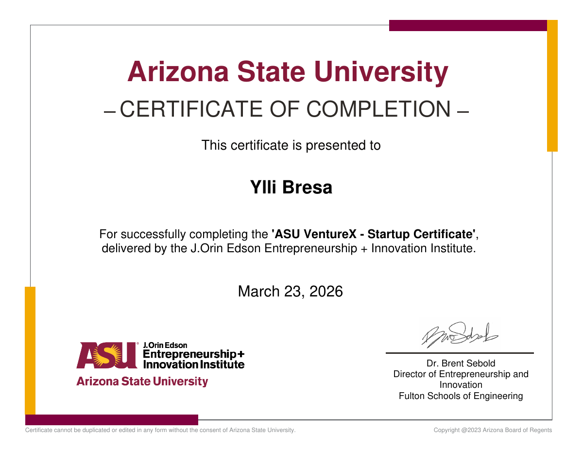 ASU Venture X certificate earned by Ylli Bresa